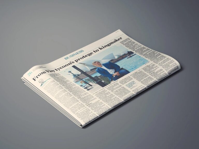 Printed newspaper business section carrying a feature on Dane Hudson headlined From Visy tycoon's protege to kingmaker