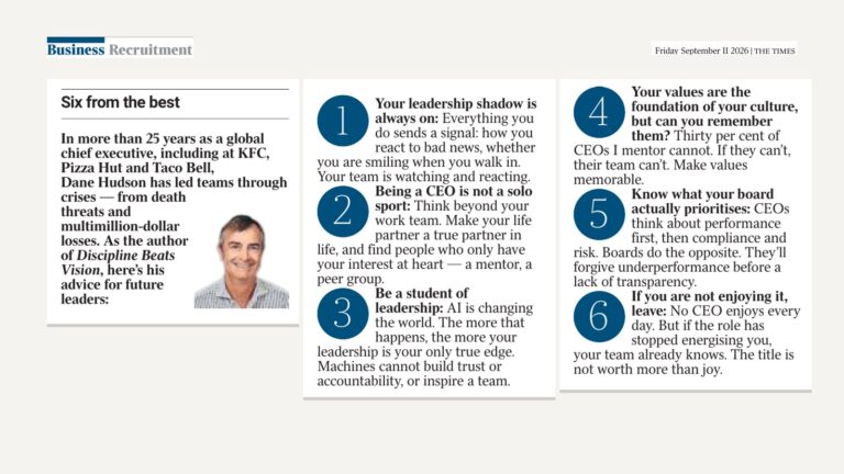Clipping from The Times, 11 September 2026: Six from the best — Dane Hudson’s advice for future leaders